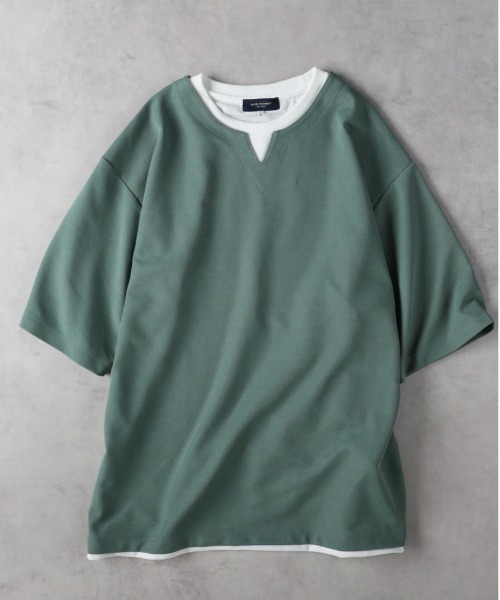 BACK NUMBER（バックナンバー）の「BACK NUMBER(バックナンバー)【メンズ】キーネック切替半袖Tシャツ（Tシャツ/カットソー・メンズ・グリーン/ライトグレー/オフホワイト・L/XL/M）」の3枚目の写真