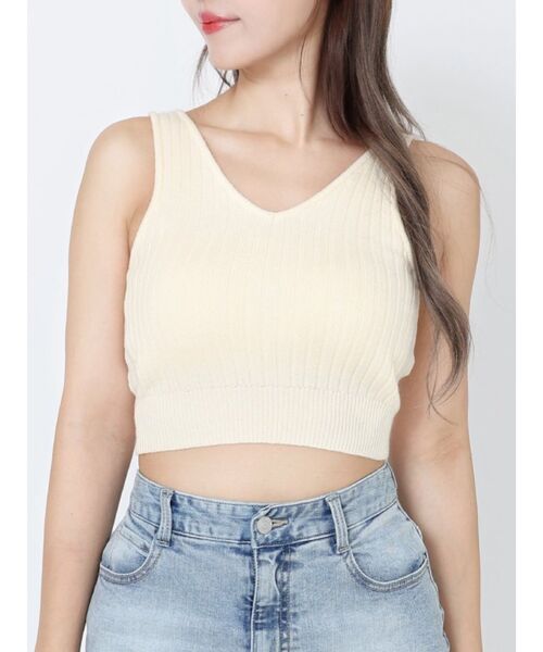 EATME（イートミー）の「カップ付きリブニットトップス（タンクトップ・レディース・オレンジ/アイボリー/ブラック・FREE）」の2枚目の写真