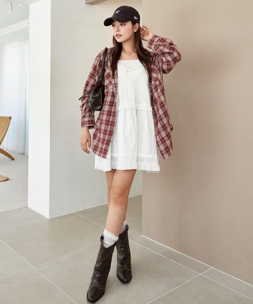 WEGO（ウィゴー）の「WEGO/チェックフードBIGネルシャツ（シャツ/ブラウス・レディース・ピンク/ブラック/ワイン/ネイビー・FREE）」の19枚目の写真