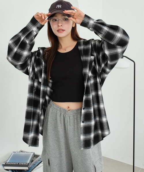 WEGO（ウィゴー）の「WEGO/チェックフードBIGネルシャツ（シャツ/ブラウス・レディース・ピンク/ブラック/ワイン/ネイビー・FREE）」の20枚目の写真