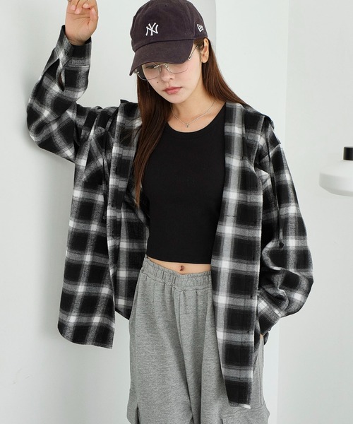 WEGO（ウィゴー）の「WEGO/チェックフードBIGネルシャツ（シャツ/ブラウス・レディース・ピンク/ブラック/ワイン/ネイビー・FREE）」の21枚目の写真