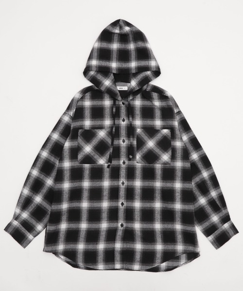 WEGO（ウィゴー）の「WEGO/チェックフードBIGネルシャツ（シャツ/ブラウス・レディース・ピンク/ブラック/ワイン/ネイビー・FREE）」の10枚目の写真