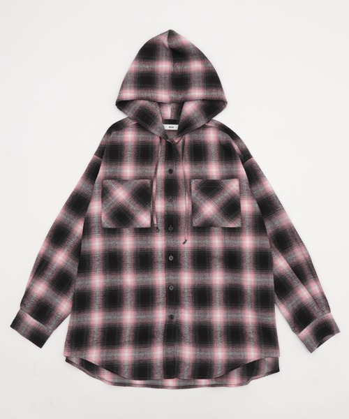 WEGO（ウィゴー）の「WEGO/チェックフードBIGネルシャツ（シャツ/ブラウス・レディース・ピンク/ブラック/ワイン/ネイビー・FREE）」の8枚目の写真