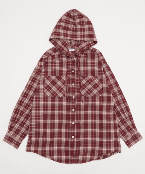 WEGO（ウィゴー）の「WEGO/チェックフードBIGネルシャツ（シャツ/ブラウス・レディース・ピンク/ブラック/ワイン/ネイビー・FREE）」の9枚目の写真