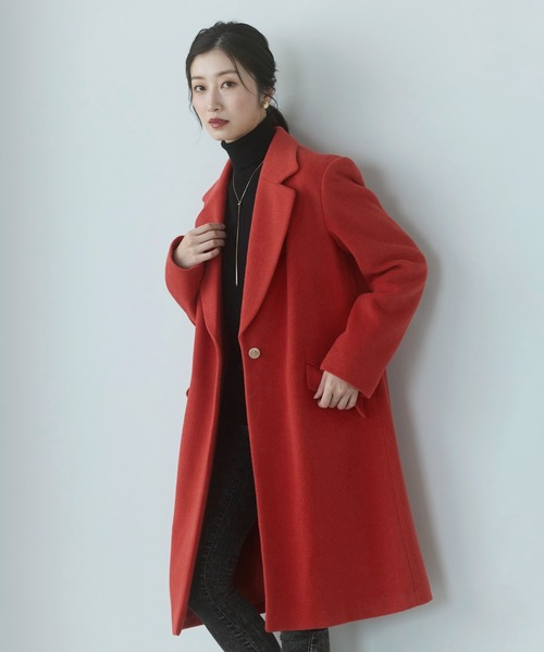 ロングチェスターコート アンゴラ ウール混 赤（チェスターコート