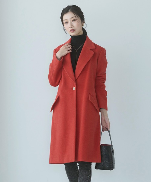 ロングチェスターコート アンゴラ ウール混 赤（チェスターコート