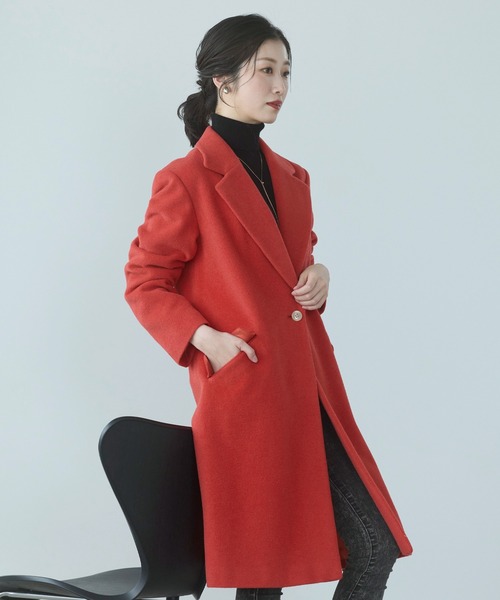 セール】ロングチェスターコート アンゴラ ウール混 赤（チェスター