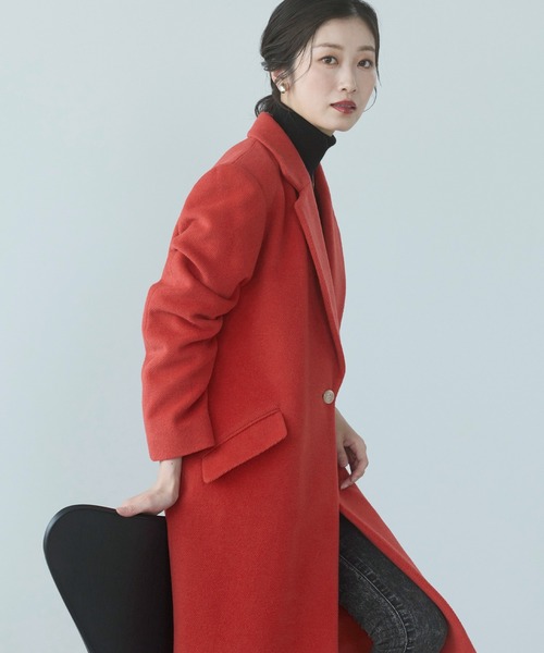 ロングチェスターコート アンゴラ ウール混 赤（チェスターコート
