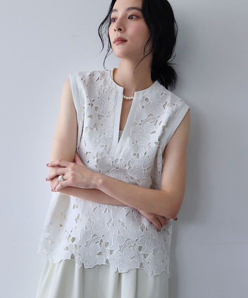Yuni アイボリー ケミカルレースベスト ノースリーブ トップス ジレ セットアップ対応 ケミカルレースノースリーブブラウス ベスト ジレ