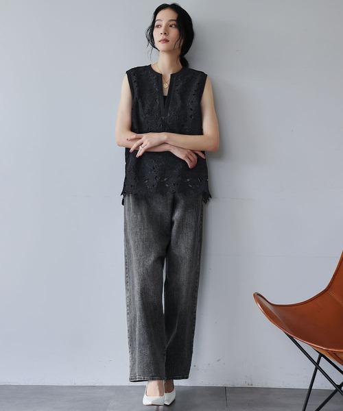 ELFRANK(エルフランク)の「セットアップ可能 ケミカルレースノースリーブブラウス ベスト ジレ(シャツ/ブラウス・レディース・ブラック/オフホワイト・FREE)」の15枚目の写真