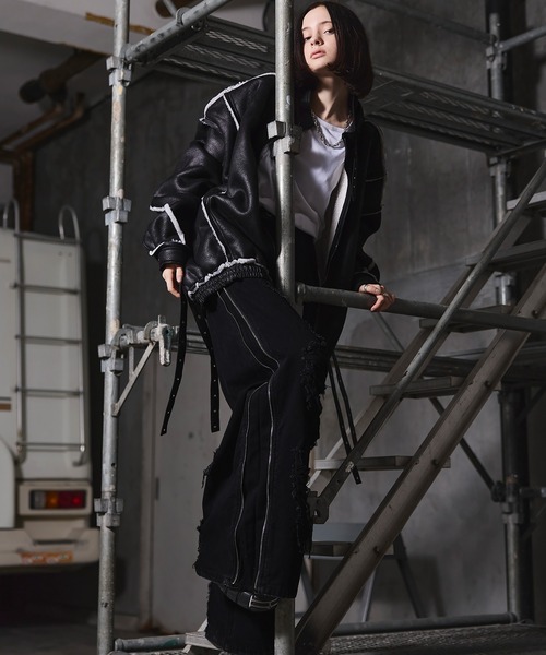 ERAR】ハイダメージサイドジップデザインワイドフレアデニムパンツ