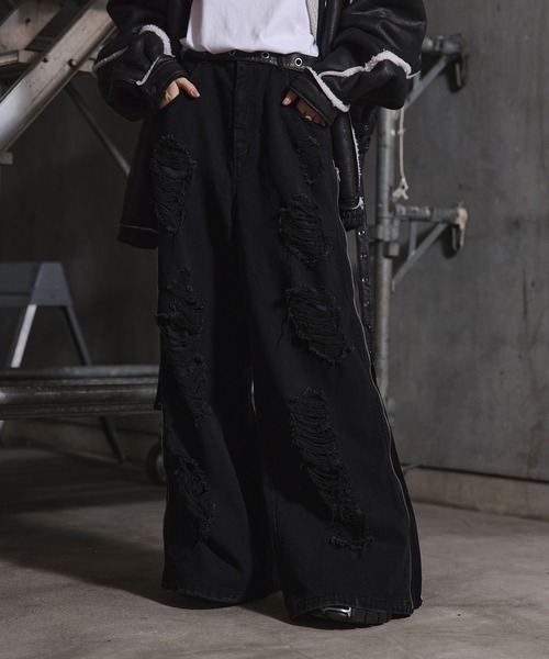 ERAR（エラー）の「【ERAR】ハイダメージサイドジップデザインワイドフレアデニムパンツ（デニムパンツ・メンズ・ブラック・M/S/XL/L）」の5枚目の写真