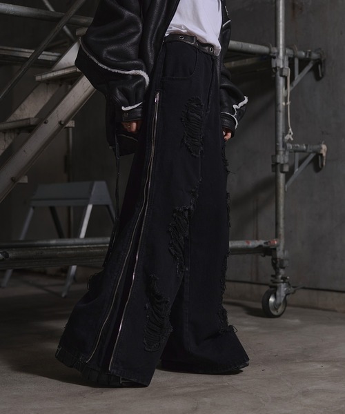 ERAR（エラー）の「【ERAR】ハイダメージサイドジップデザインワイドフレアデニムパンツ（デニムパンツ・メンズ・ブラック・M/S/XL/L）」の6枚目の写真