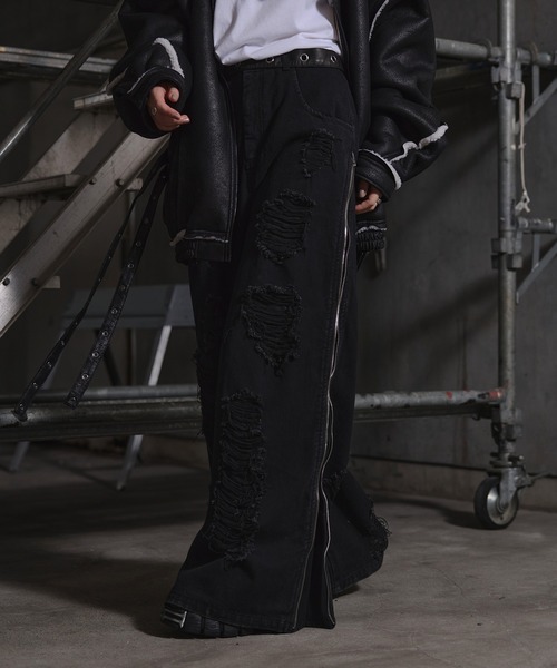 ERAR（エラー）の「【ERAR】ハイダメージサイドジップデザインワイドフレアデニムパンツ（デニムパンツ・メンズ・ブラック・M/S/XL/L）」の7枚目の写真