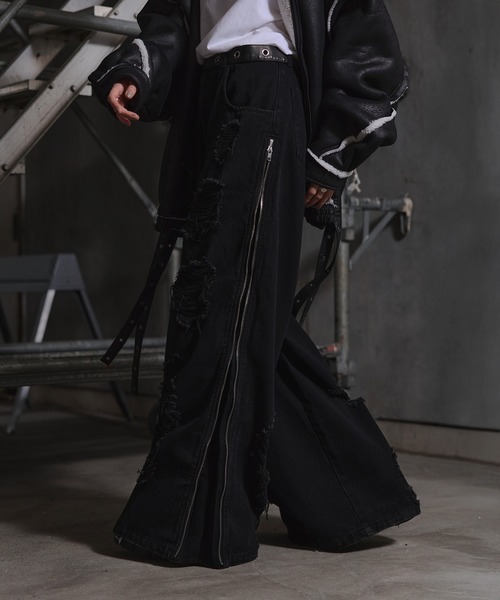 ERAR（エラー）の「【ERAR】ハイダメージサイドジップデザインワイドフレアデニムパンツ（デニムパンツ・メンズ・ブラック・M/S/XL/L）」の9枚目の写真