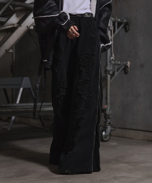 ERAR】ハイダメージサイドジップデザインワイドフレアデニムパンツ