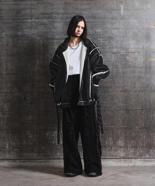 ERAR】ハイダメージサイドジップデザインワイドフレアデニムパンツ