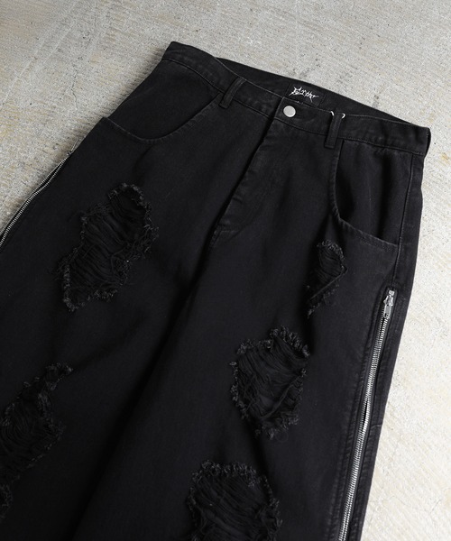 ERAR】ハイダメージサイドジップデザインワイドフレアデニムパンツ