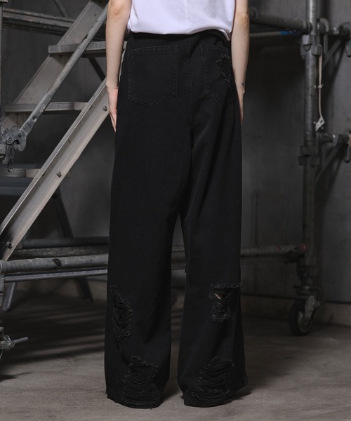 ERAR】ハイダメージサイドジップデザインワイドフレアデニムパンツ