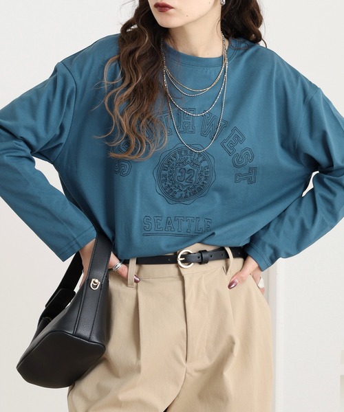 Quelle Chance(ケルシャンス)の「ステッチ刺繍 長袖Tシャツ(Tシャツ/カットソー・レディース・グリーン/オートミール/チャコールグレー・M/L)」の3枚目の写真