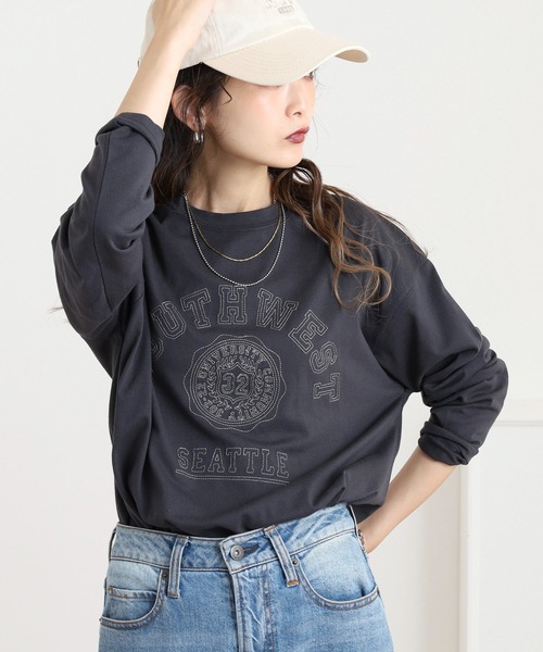 Quelle Chance(ケルシャンス)の「ステッチ刺繍 長袖Tシャツ(Tシャツ/カットソー・レディース・グリーン/オートミール/チャコールグレー・M/L)」の4枚目の写真