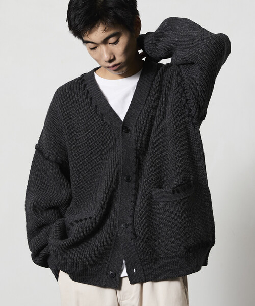 ニット　カーディガン　リラックス　ブラック セール】限定展開 リラックスフィット ハンドステッチデザイン 畦編み