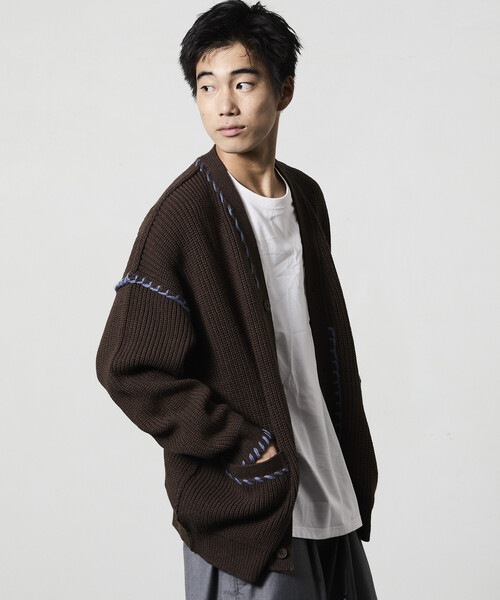 ニット　カーディガン　リラックス　ブラック セール】限定展開 リラックスフィット ハンドステッチデザイン 畦編み