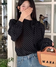 ドット柄リボンタイブラウス