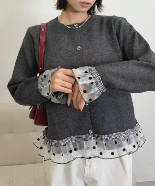 mebole(メボレ)の「dot×gingham cardigan(カーディガン/ボレロ・レディース・グレー/チャコール/アイボリー・FREE)」の3枚目の写真