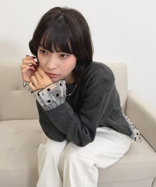 mebole(メボレ)の「dot×gingham cardigan(カーディガン/ボレロ・レディース・グレー/チャコール/アイボリー・FREE)」の9枚目の写真