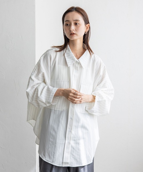 No Rule No Line（ノール－ルノーライン）の「オーバーサイズピンストライプシャツ（シャツ/ブラウス・レディース・ブラック/ホワイト・FREE）」の4枚目の写真
