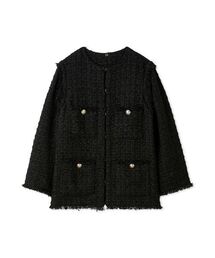 ノーカラージャケット（ブラック/黒色系・ツイード