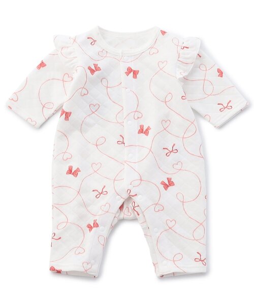 Ampersand(アンパサンド)の「【リンク】リボン柄ニットキルトカバーオール(ロンパース・キッズ・オフホワイト/サックスブルー・60/70/80)」の1枚目の写真