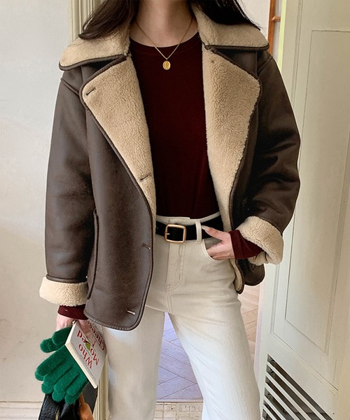 セール】裏ボアPUビックカラージャケット（ムートンコート）｜ENLIKE