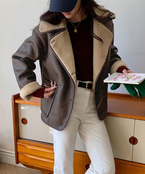 セール】裏ボアPUビックカラージャケット（ムートンコート）｜ENLIKE