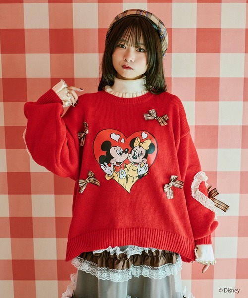kutir（クティール）の「【クティールとレトロ】Disney/ディズニー　ミッキーマウス＆ミニーマウス/ハートモチーフチェックリボンニット（ニット/セーター・レディース・ネイビー/アイボリー/グリーン/レッド・FREE）」の4枚目の写真