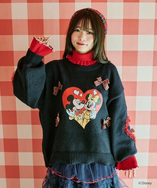 kutir（クティール）の「【クティールとレトロ】Disney/ディズニー　ミッキーマウス＆ミニーマウス/ハートモチーフチェックリボンニット（ニット/セーター・レディース・ネイビー/アイボリー/グリーン/レッド・FREE）」の11枚目の写真