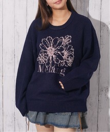 《テープヤーン×ロゴ刺繍》レディース ニット プルオーバー 花柄モチーフ 秋冬