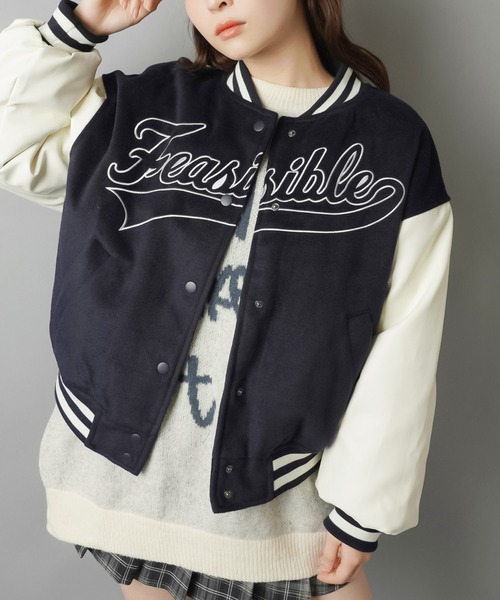 SPINNS(スピンズ)の「スタジアムジャケット/スタジャン/ベースボールロゴ(スタジャン・レディース・ネイビー/ブラック・ONESIZE)」の2枚目の写真