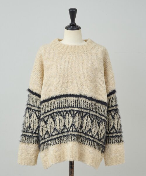 BEARDSLEY（ビアズリー）の「ビッグフェアアイル柄プルオーバー（ニット/セーター・レディース・ブラック/ベージュ・FREE）」の7枚目の写真