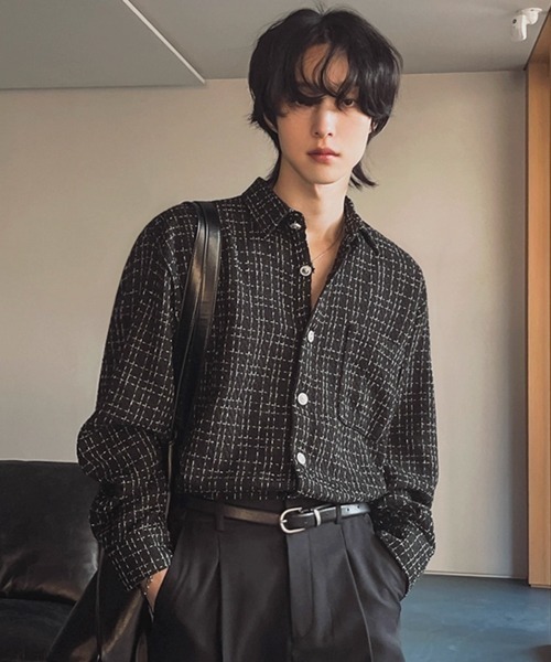 NOWLE(ノウル)の「【NOWLE】ツイードライク 織りチェック柄 長袖 シックボタン シャツ(シャツ/ブラウス・メンズ・ブラック/ホワイト・MEDIUM/LARGE/X-LARGE)」の2枚目の写真