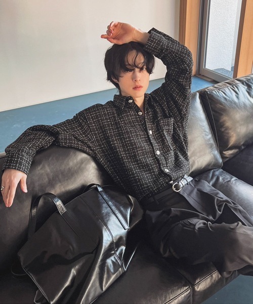 NOWLE(ノウル)の「【NOWLE】ツイードライク 織りチェック柄 長袖 シックボタン シャツ(シャツ/ブラウス・メンズ・ブラック/ホワイト・MEDIUM/LARGE/X-LARGE)」の4枚目の写真