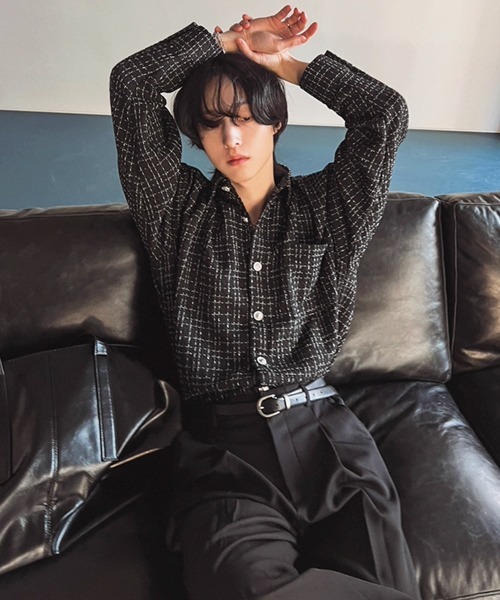 NOWLE(ノウル)の「【NOWLE】ツイードライク 織りチェック柄 長袖 シックボタン シャツ(シャツ/ブラウス・メンズ・ブラック/ホワイト・MEDIUM/LARGE/X-LARGE)」の5枚目の写真