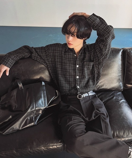 NOWLE(ノウル)の「【NOWLE】ツイードライク 織りチェック柄 長袖 シックボタン シャツ(シャツ/ブラウス・メンズ・ブラック/ホワイト・MEDIUM/LARGE/X-LARGE)」の6枚目の写真