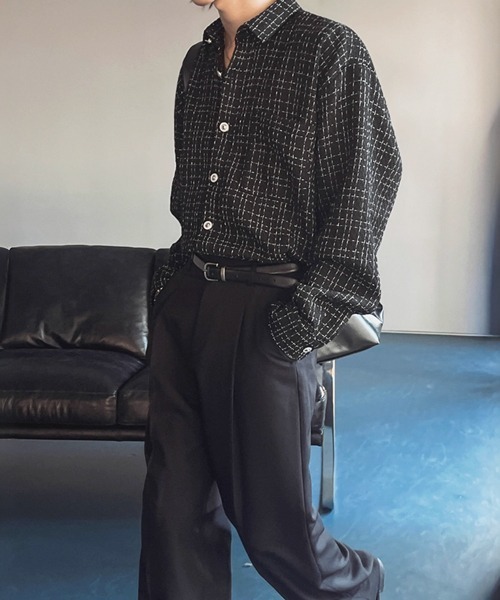 NOWLE(ノウル)の「【NOWLE】ツイードライク 織りチェック柄 長袖 シックボタン シャツ(シャツ/ブラウス・メンズ・ブラック/ホワイト・MEDIUM/LARGE/X-LARGE)」の7枚目の写真