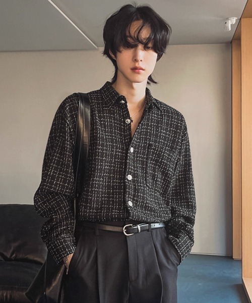 NOWLE(ノウル)の「【NOWLE】ツイードライク 織りチェック柄 長袖 シックボタン シャツ(シャツ/ブラウス・メンズ・ブラック/ホワイト・MEDIUM/LARGE/X-LARGE)」の8枚目の写真