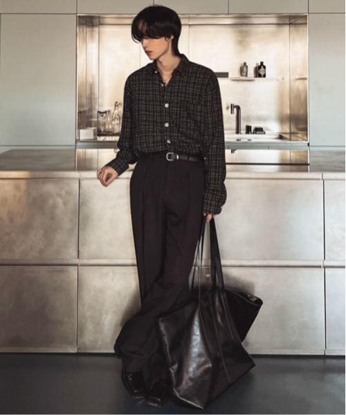 NOWLE(ノウル)の「【NOWLE】ツイードライク 織りチェック柄 長袖 シックボタン シャツ(シャツ/ブラウス・メンズ・ブラック/ホワイト・MEDIUM/LARGE/X-LARGE)」の9枚目の写真