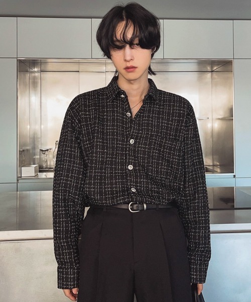 NOWLE(ノウル)の「【NOWLE】ツイードライク 織りチェック柄 長袖 シックボタン シャツ(シャツ/ブラウス・メンズ・ブラック/ホワイト・MEDIUM/LARGE/X-LARGE)」の10枚目の写真