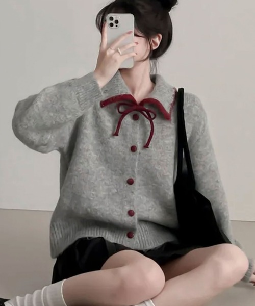 Girly Doll(ガーリードール)の「配色リボンニットカーディガン(カーディガン/ボレロ・レディース・グレー/ベージュ・FREE)」の11枚目の写真