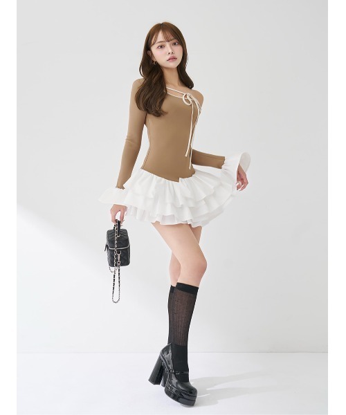 Darich(ダーリッチ)の「デザインネックリボンミニワンピース(ワンピース・レディース・グレー/ブラック/ベージュ・FREE)」の15枚目の写真